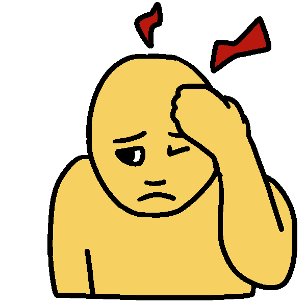 A drawing of a person cringing with one hand on their head and red bolts above it.